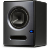 Studio active monitor speaker, woofer and bass port with small logo badge, dark gray