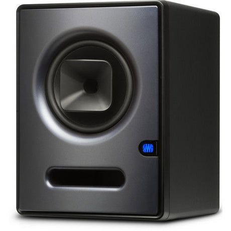 Studio active monitor speaker, woofer and bass port with small logo badge, dark gray