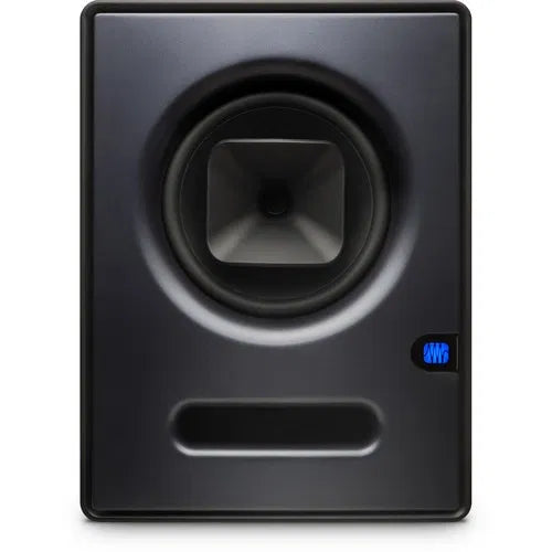 Studio active monitor speaker, woofer and bass port, dark gray front view