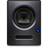 Studio active monitor speaker, woofer and bass port, dark gray front view