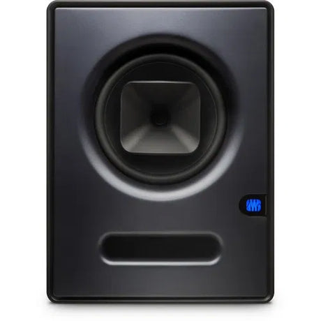 Studio active monitor speaker, woofer and bass port, dark gray front view