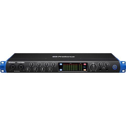 Studio 1824c audio interface front panel with multi-knob controls and screen meter