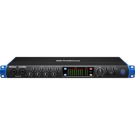 Studio 1824c audio interface front panel with multi-knob controls and screen meter
