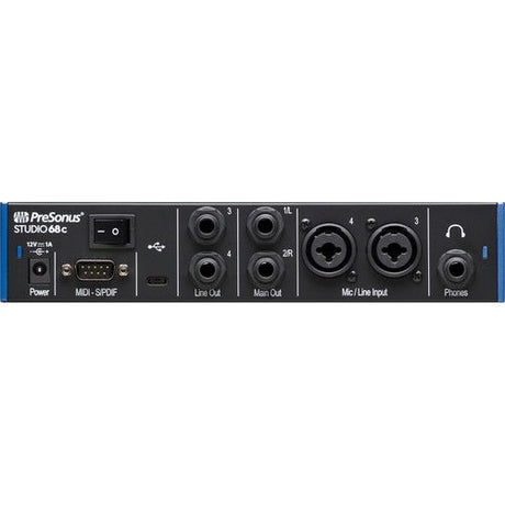 Rear panel black audio interface: USB-C, line out, MIDI/Sync ports, and inputs