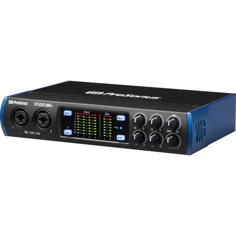 Angled black and blue USB-C audio interface with meters display and input knobs