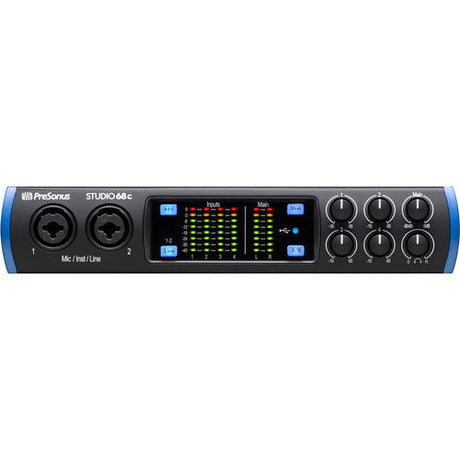 Audio interface front panel with level meter screen and four rotary gain knobs