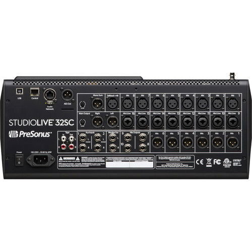 StudioLive 32SC rear panel with XLR and 1/4 in inputs, outputs, and power connector