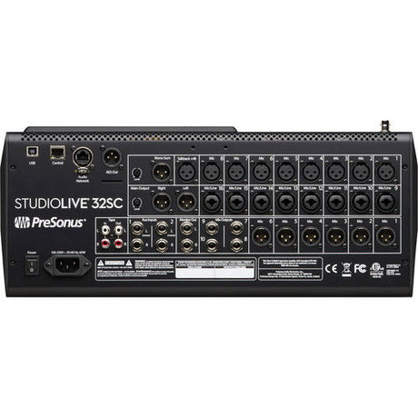 StudioLive 32SC rear panel with XLR and 1/4 in inputs, outputs, and power connector
