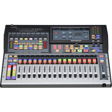 StudioLive 32SC mixer front panel with EQ section, rotary knobs, and faders
