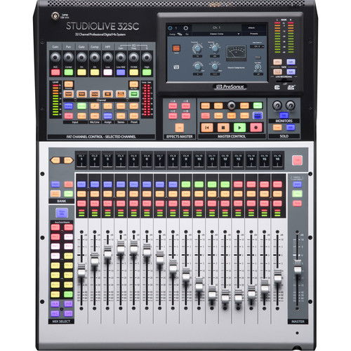 PreSonus StudioLive 32SC digital mixer with colorful channel controls and faders