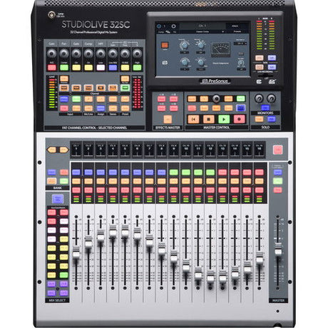PreSonus StudioLive 32SC digital mixer with colorful channel controls and faders