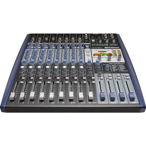 AR12c mixer top view with channel faders, blue knobs, and effect controls