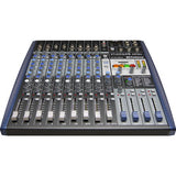AR12c mixer top view with channel faders, blue knobs, and effect controls