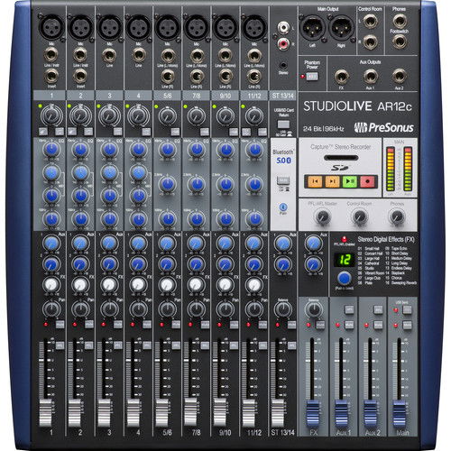 AR12c 14-channel hybrid mixer front panel: knobs and faders