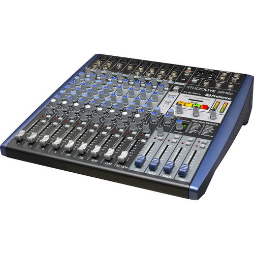AR12c mixer angled top view showing EQ controls, faders, and blue buttons