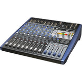 AR12c mixer angled top view showing EQ controls, faders, and blue buttons