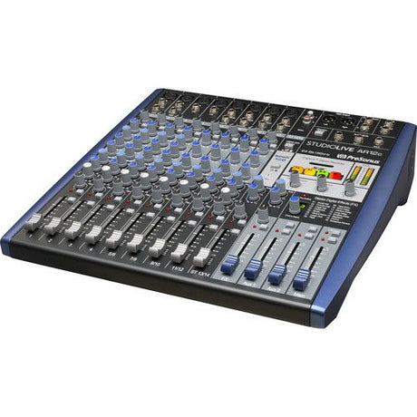 AR12c mixer angled top view showing EQ controls, faders, and blue buttons