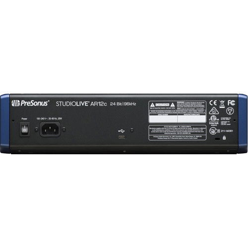 AR12c mixer rear panel with power switch, ports, and regulatory labels