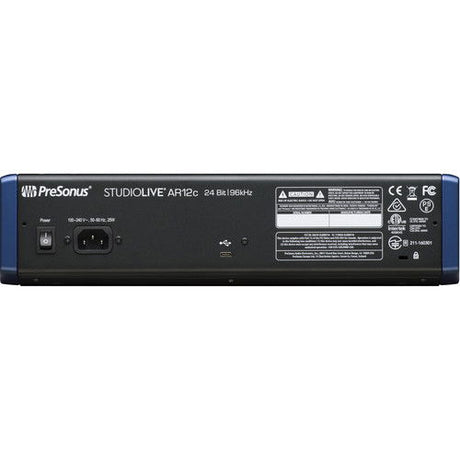 AR12c mixer rear panel with power switch, ports, and regulatory labels