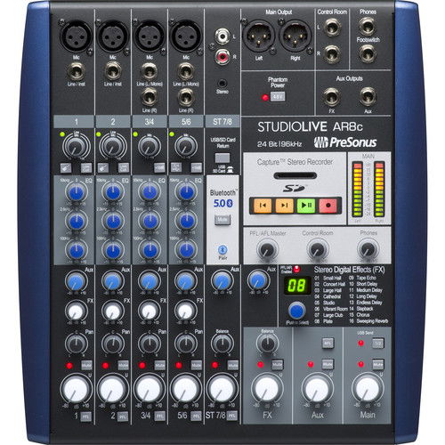 StudioLive AR8c mixer hibrid 8 canale, panou frontal cu butoane și control canale