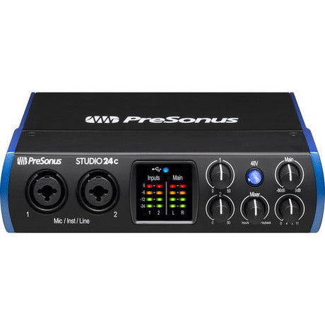Studio 24c audio USB‑C interface front view with two input ports and control knobs