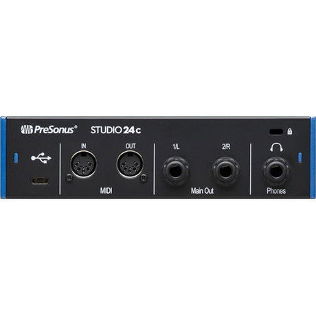 Studio 24c audio USB‑C interface rear panel with MIDI, Main Out, Phones, and USB port