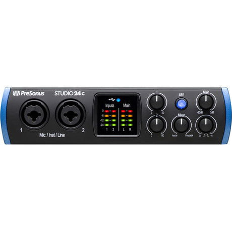 Studio 24c audio USB‑C interface front panel with Main/Mixer knobs and LED display