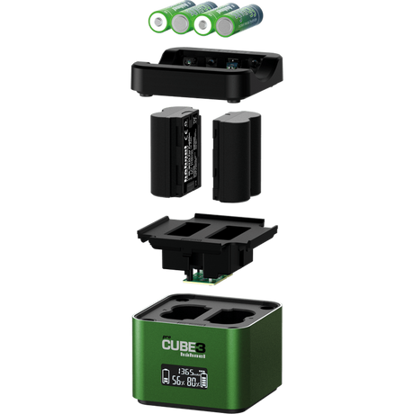 Twin charger base with batteries and charging contacts, green display and black shell