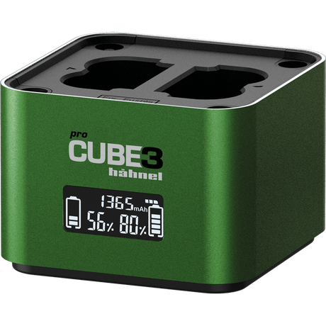 Close-up of green ProCube 3 twin charger with LCD charge status and two charging bays