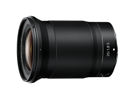 Side view of black 20mm f/1.8 S lens with textured barrel and front element