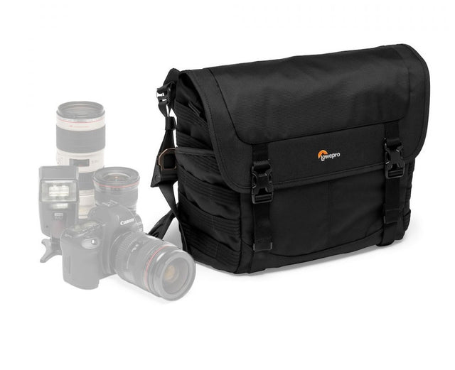 Black camera messenger bag with flap, buckles, and padded shoulder strap