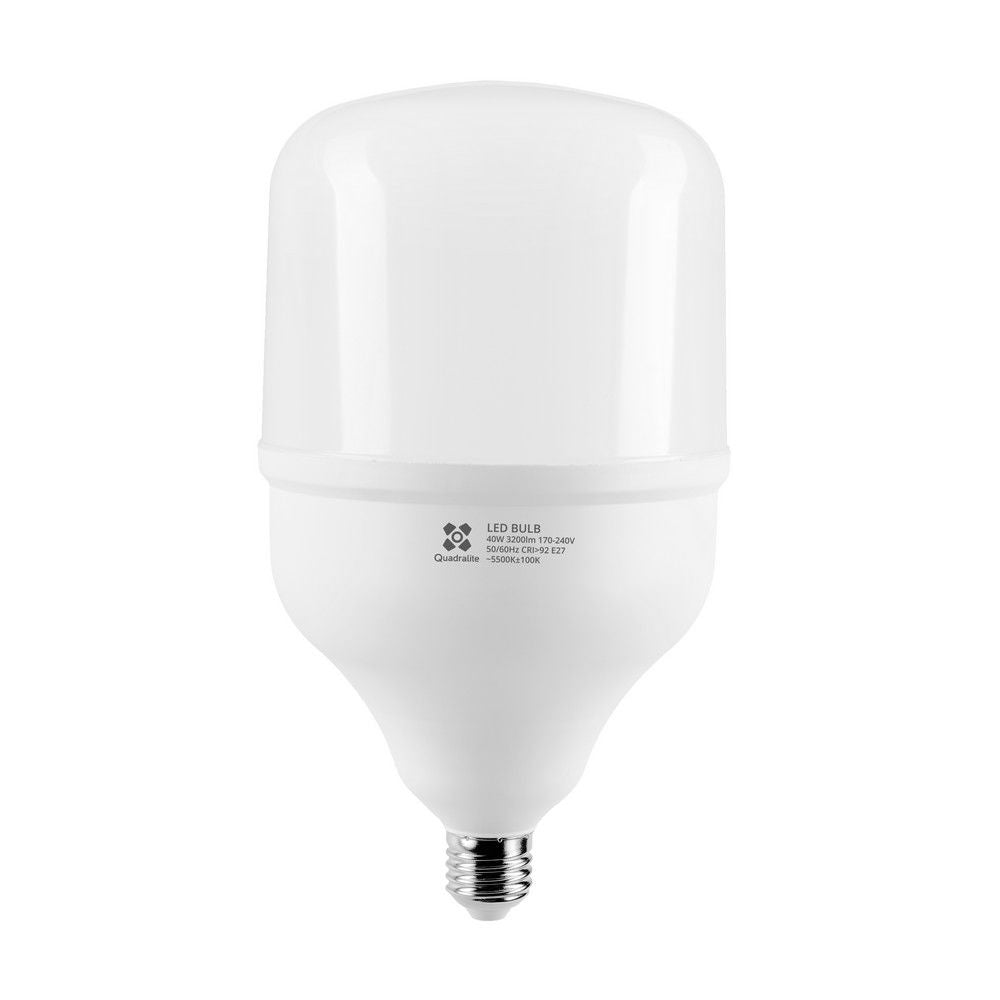 LED bulb BEC E27 40W daylight, front view, white globe with screw base
