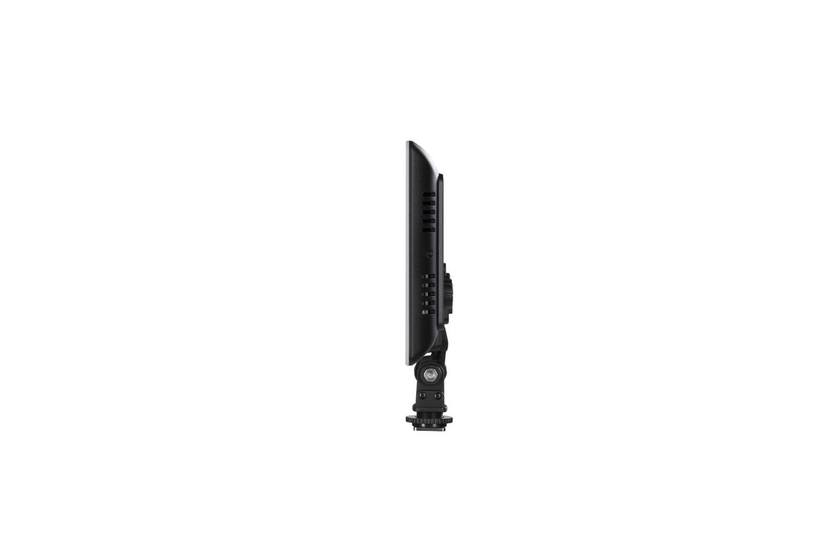 Slim LED bicolor light panel shown from the side with black mount hardware