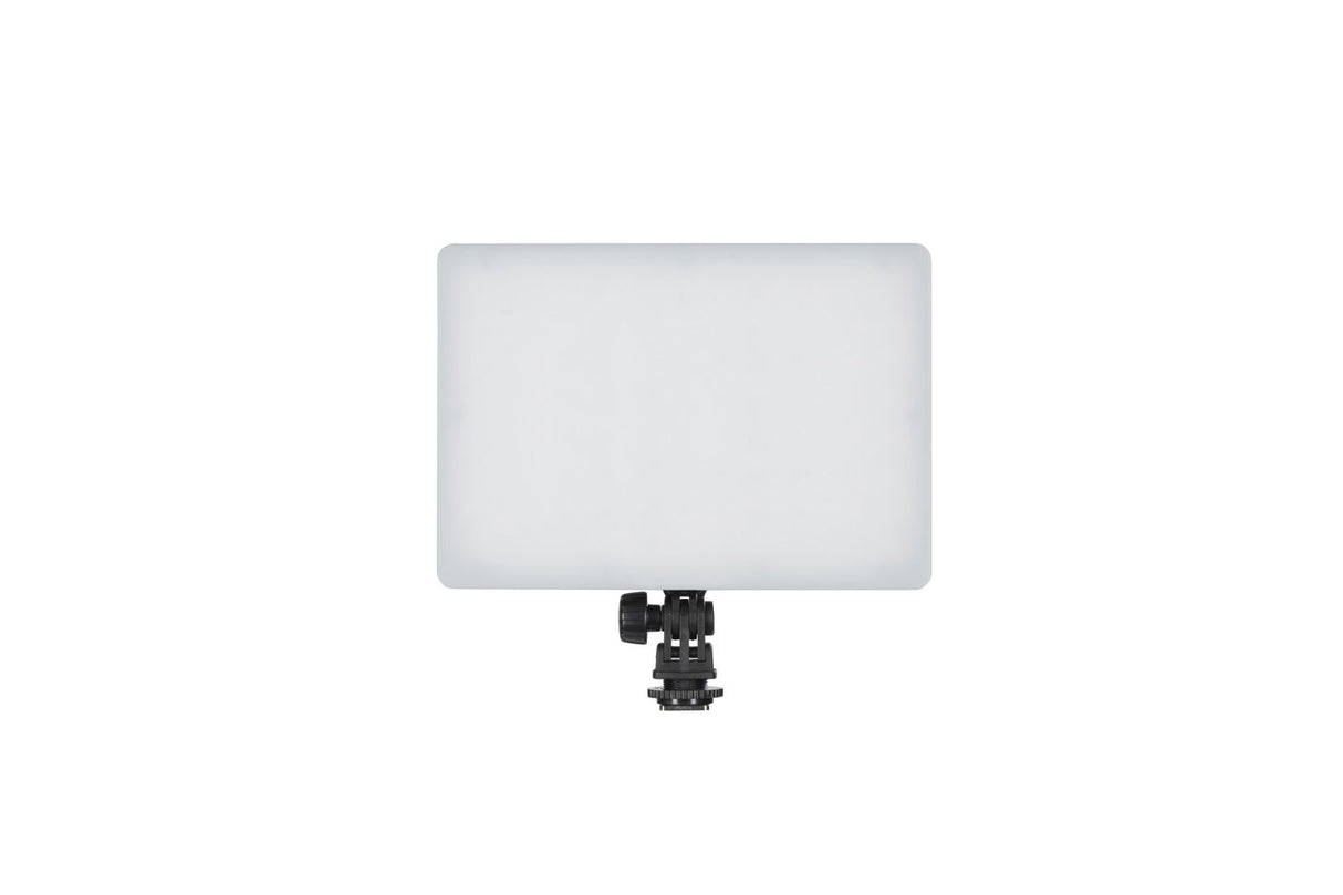 Square LED bicolor light panel with diffuser, mounted on a compact stand