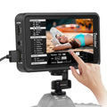 5.5-inch touchscreen monitor on camera mount, black screen with on-display menu and touch control