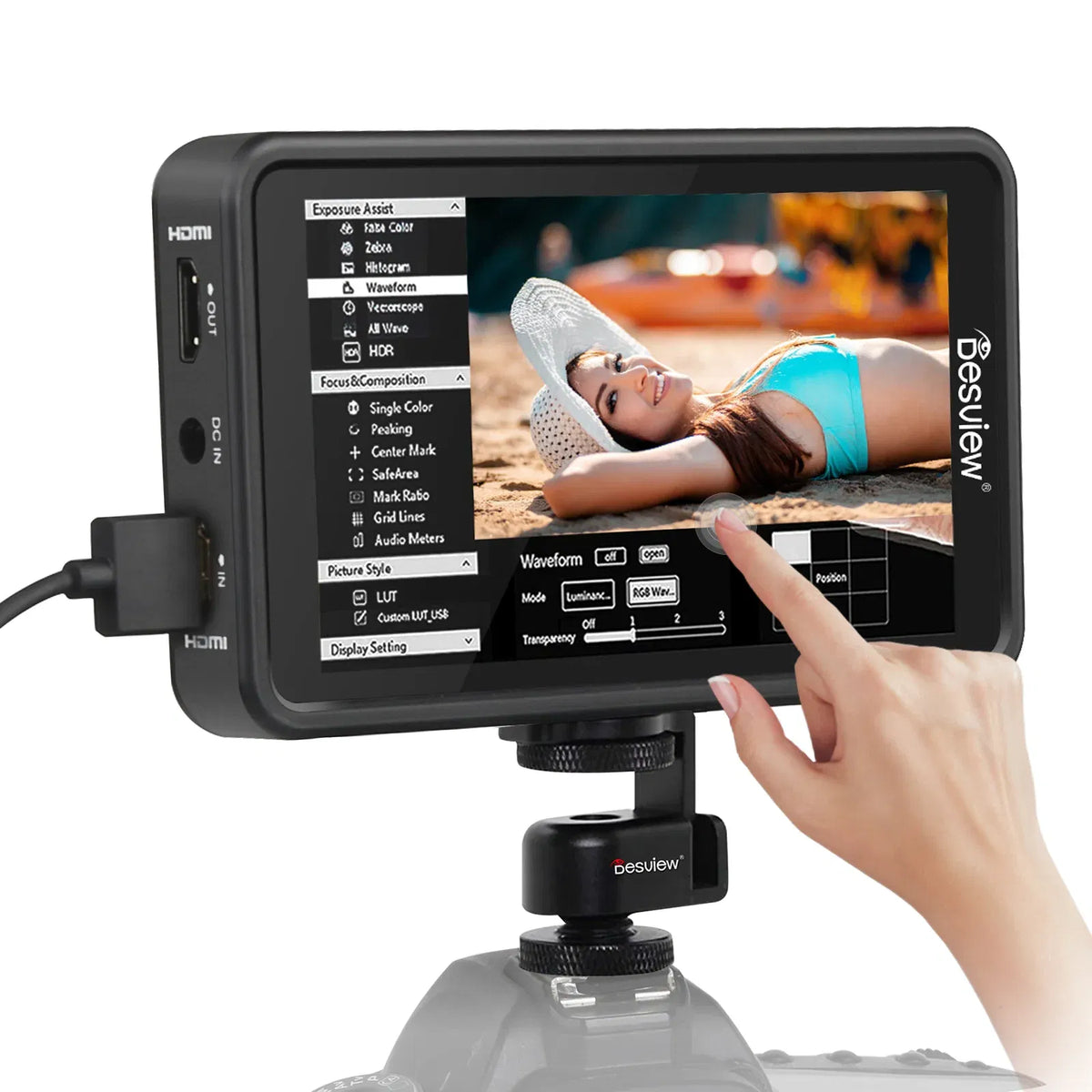 5.5-inch touchscreen monitor on camera mount, black screen with on-display menu and touch control