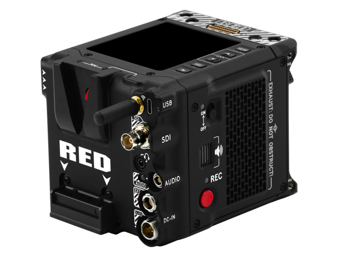 Komodo-X camera side with USB, SDI, audio, and DC-IN ports on black housing