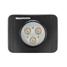 Manfrotto 3-LED video light front view with three LED bulbs in black housing