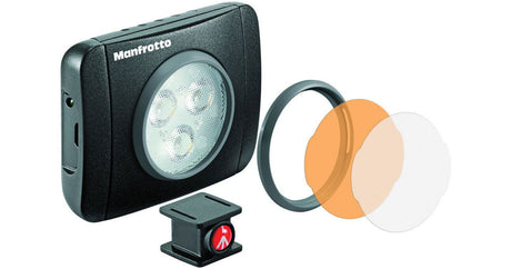 Manfrotto 3-LED video light, black housing with circular diffuser and mounting base