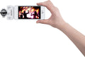 iQ5 portable microphone with phone holder, shown being held in hand