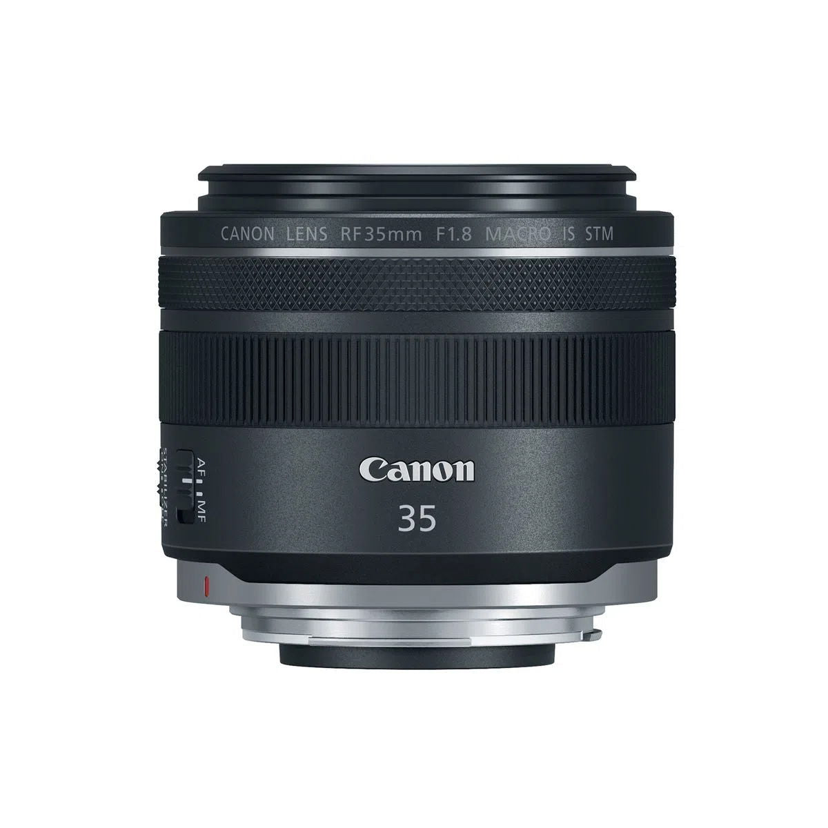 Obiectiv Canon RF 35mm, carcasa neagră, inscripții Canon și „35”.