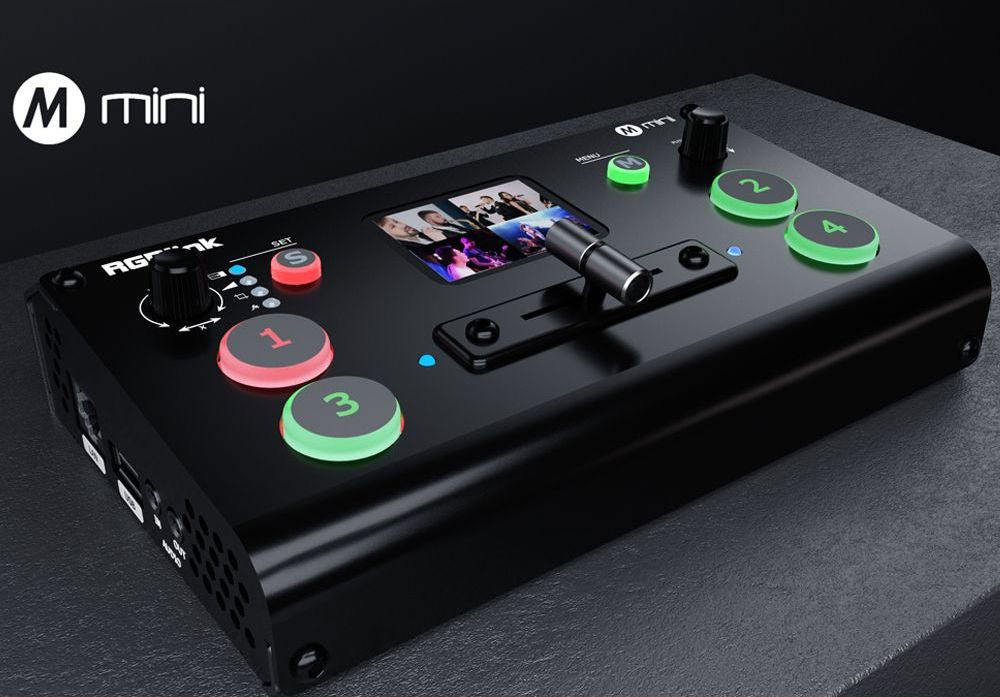 Mini video mixer top view with colorful selection buttons and preview screen