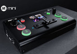 Mini video mixer top view with colorful selection buttons and preview screen