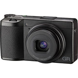 Black Ricoh compact camera with built-in zoom lens and GR branding on front