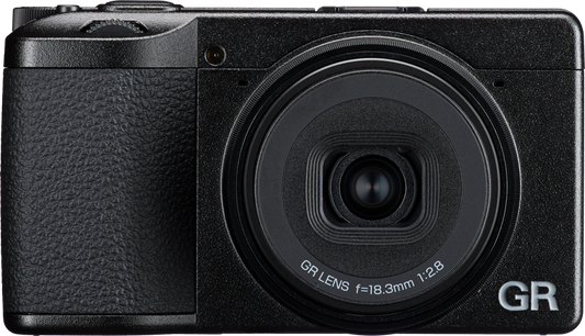 Compact black digital camera front with GR lens and textured grip