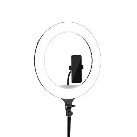 Lampă inelară bicolor 55W cu suport pentru telefon, inel luminos pe stativ negru