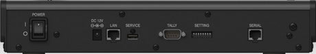 Back panel of PTZ camera controller showing DC, LAN, and serial connectors