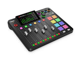 Mixer de podcast negru cu ecran și butoane colorate