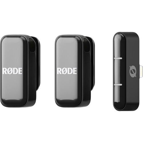 Set de microfoane wireless Rode, două unități negre, vedere laterală și frontală