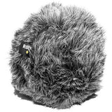 Gray furry foam windscreen with small brand logo on microphone